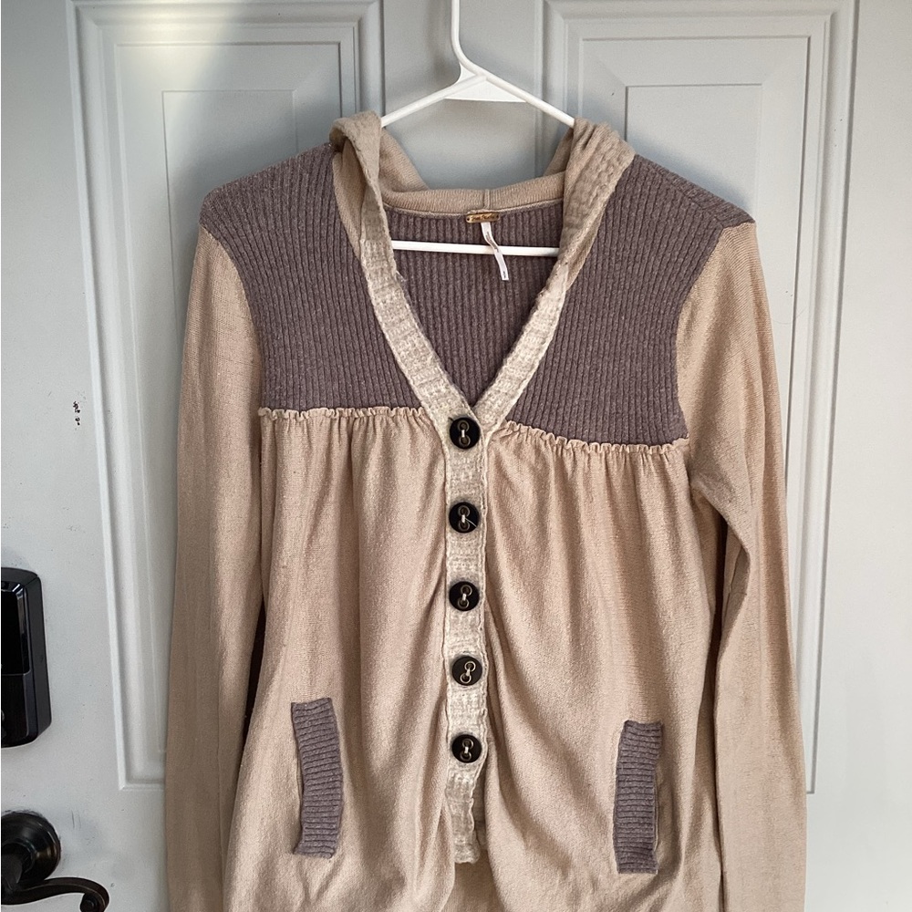 Free People Beige and Brown Button-Up Cardigan